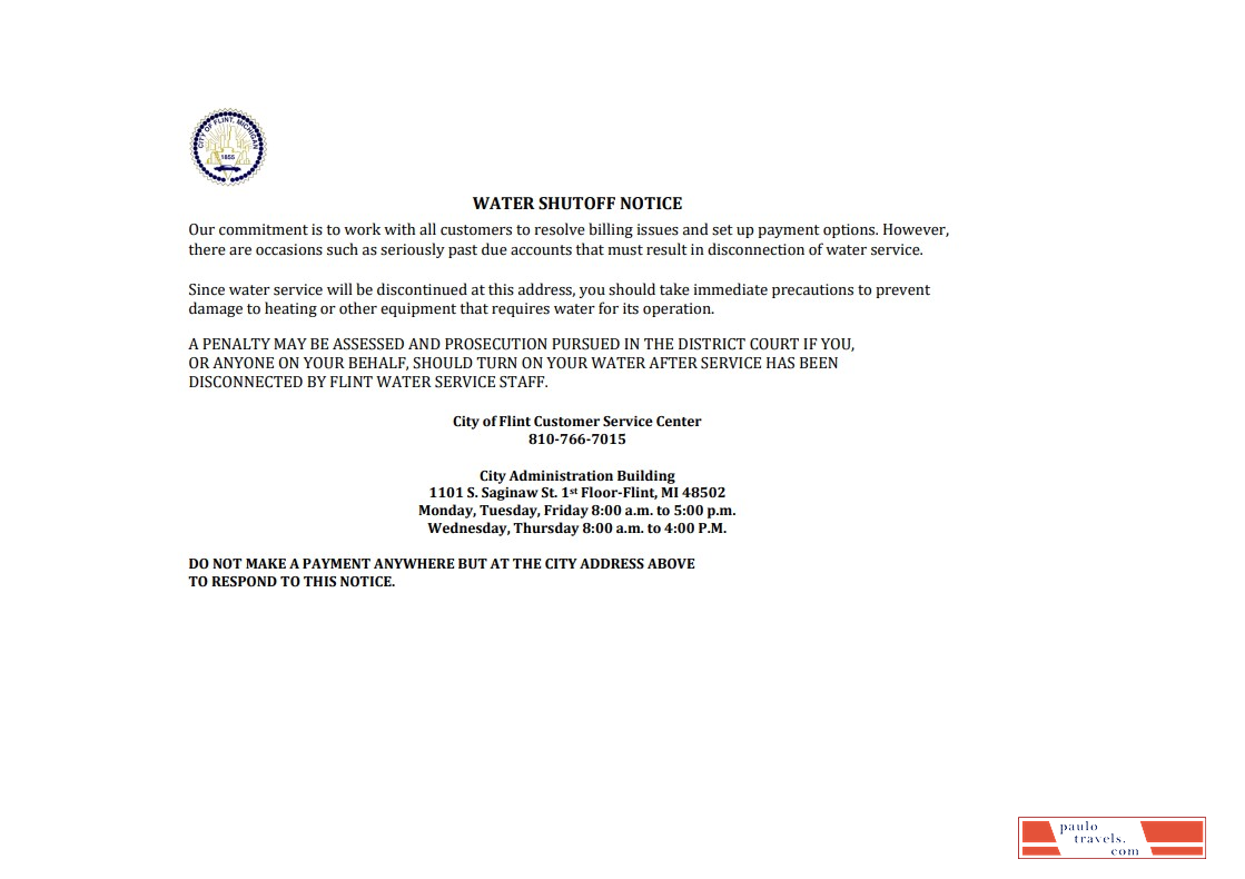 USA City of Flint Michigan water utility bill shutoff notice, Word and PDF template, version 3